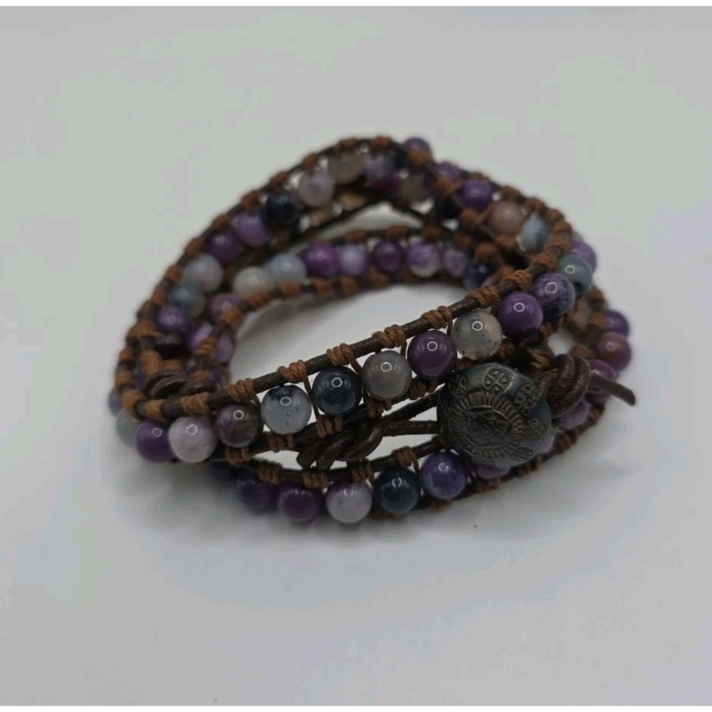 Boho Handmade Purple Agate Beaded Leather Wrap Natural Stone Bracelet Artisan